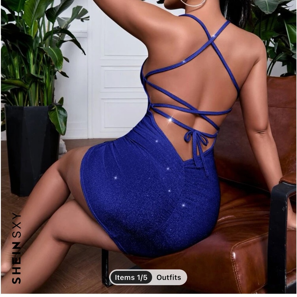 SHEIN SXY Crisscross Tie Backless Metallic Halter Bodycon Dress